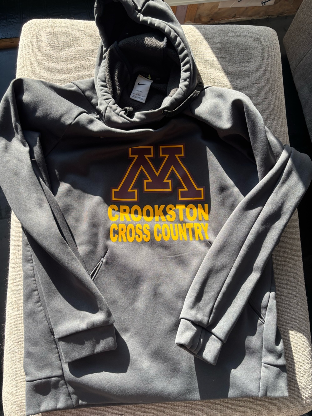 Nike Gray Hoodie with Gold & Maroon Crookston Cross Country Logo